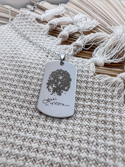 Engraved keepsake dogtag necklace, engraved fingerprint necklace, engraved handwriting necklace, memorial keepsake engraved dog tag necklace
