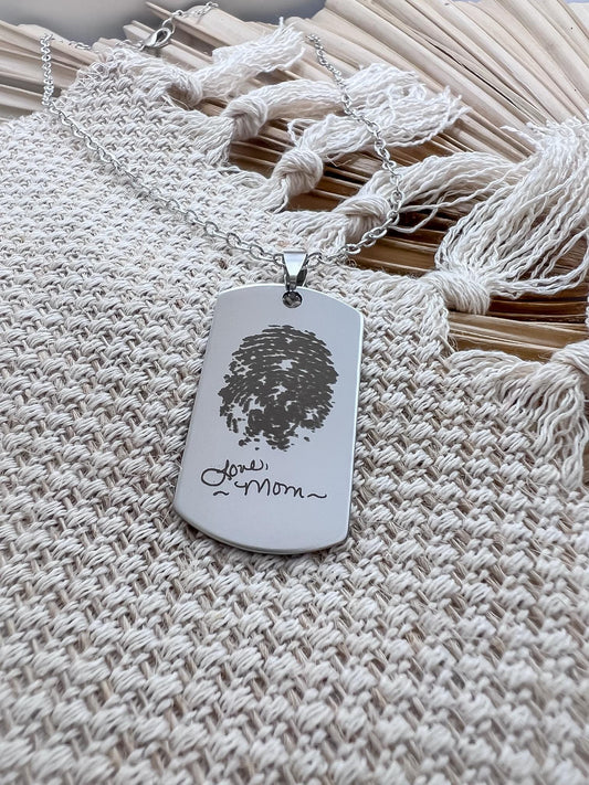 Engraved keepsake dogtag necklace, engraved fingerprint necklace, engraved handwriting necklace, memorial keepsake engraved dog tag necklace