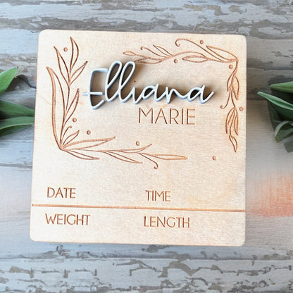 Floral baby name sign, baby announcement plaque for hospital, newborn name sign, baby hospital sign, newborn baby girl name sign