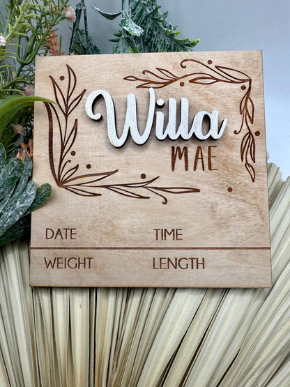 Floral baby name sign, baby announcement plaque for hospital, newborn name sign, baby hospital sign, newborn baby girl name sign