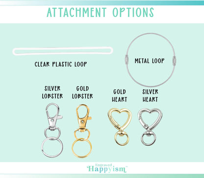various attachment options for a clear plastic loop, including a clear plastic loop, a metal loop, a silver lobster, a gold lobster, a gold heart, and a silver heart.