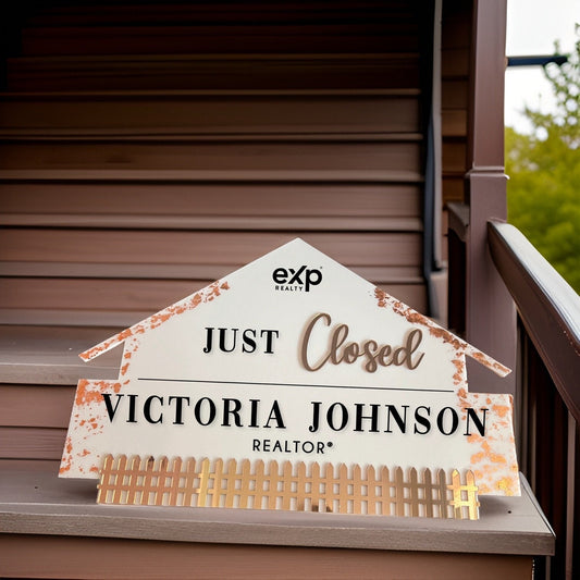 Rose gold closing sign Acrylic Real estate house closing sign with fence, just closed real estate sign, real estate agent, Just Closed sign