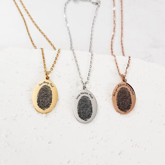 Personalized fingerprint name necklace, oval pendant necklace, memorial gift