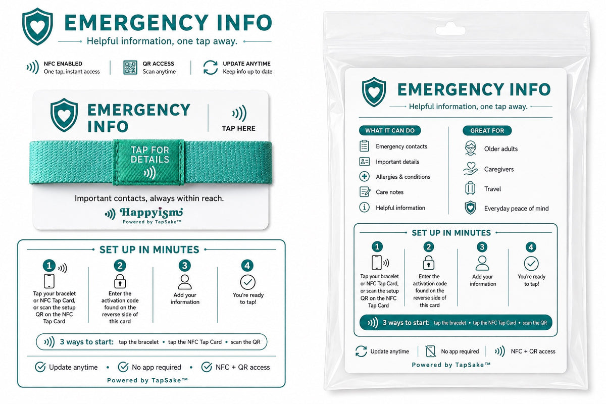 Happyism® Emergency Info Smart Bracelet + NFC Tap Card | Senior & Caregiver Contact Wristband