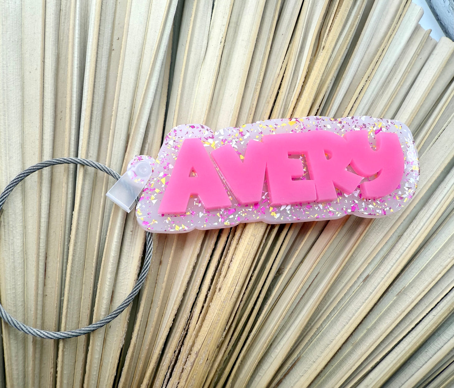 Personalized Acrylic Name Bag Tag – Hot Pink with Glitter Background Backpack or Sports Bag Tag