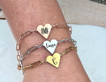 Paperclip heart bracelet, Christmas gift idea, Personalized engraved name heart bracelet
