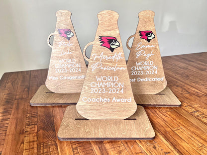 Custom Cheerleading Trophy – Personalized Wooden Award with UV Printed Team Logo Name Cheer Squad, Coach, or Banquet Gift