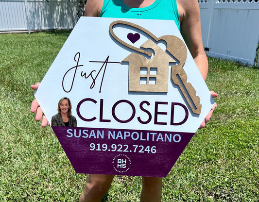 Just closed real estate sign with photo, real estate closing sign, hexagon real estate sign, wooden closing sign, real estate agent prop