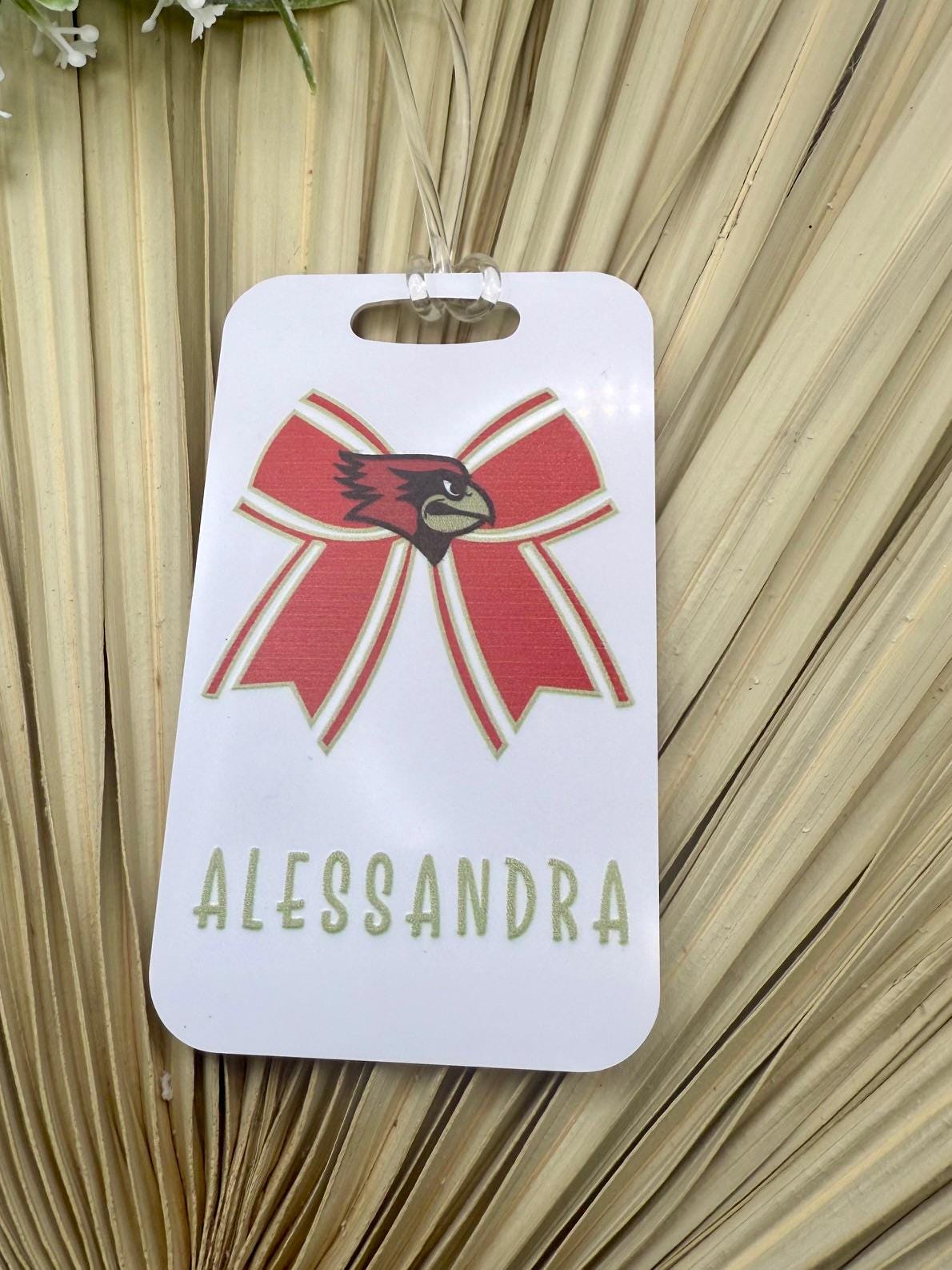 Custom Cheer Bow Bag Tag – 2-Sided Aluminum with Name & Team Logo – Personalized Cheerleading, Dance, or Sports Bag ID Tag