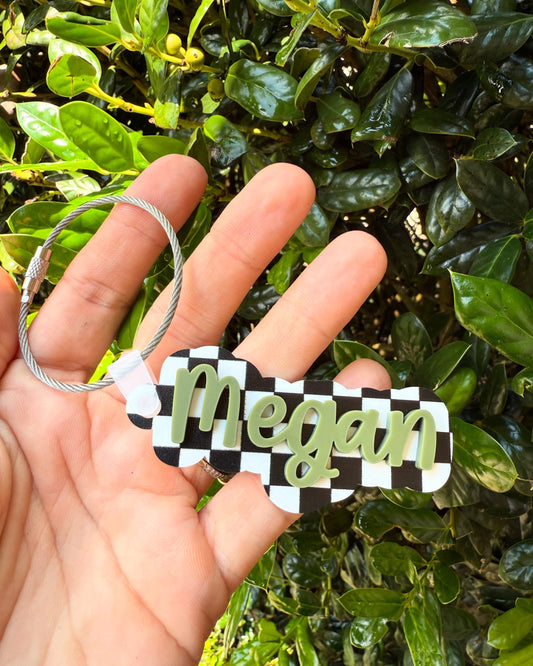 Personalized Acrylic Bag Tag – Black & White Checker with 3D Name – Custom Backpack, Sports Bag, or Luggage Tag
