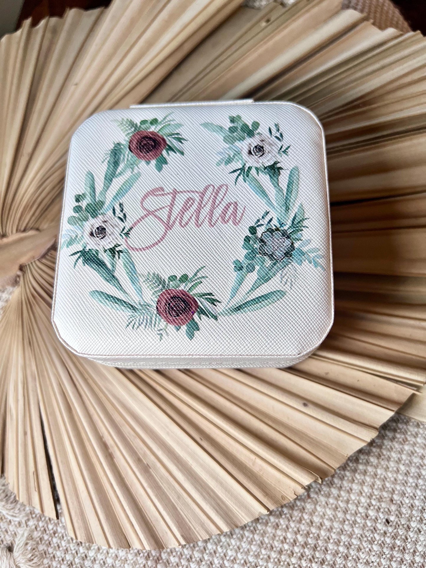 Personalized Name Jewelry box, small floral travel jewelry zipper box