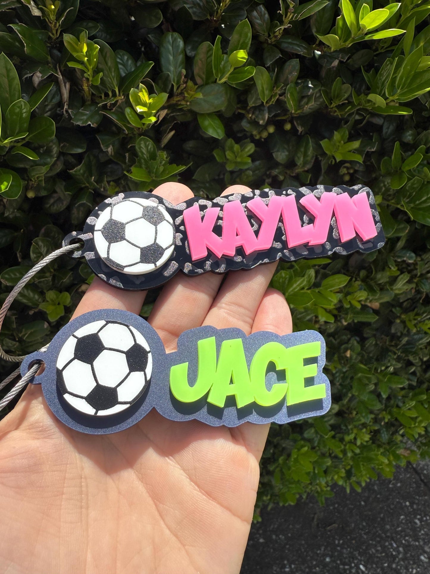 Custom Soccer Boy Bag Tag – Blue Acrylic with Neon Green Name, Personalized Sports Backpack Tag, Soccer Player Gift, Bag keychain