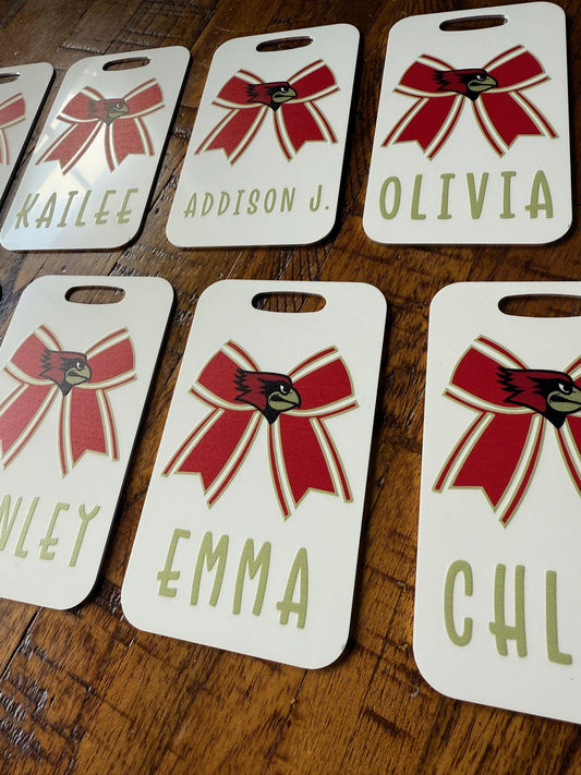 Custom Cheer Bow Bag Tag – 2-Sided Aluminum with Name & Team Logo – Personalized Cheerleading, Dance, or Sports Bag ID Tag