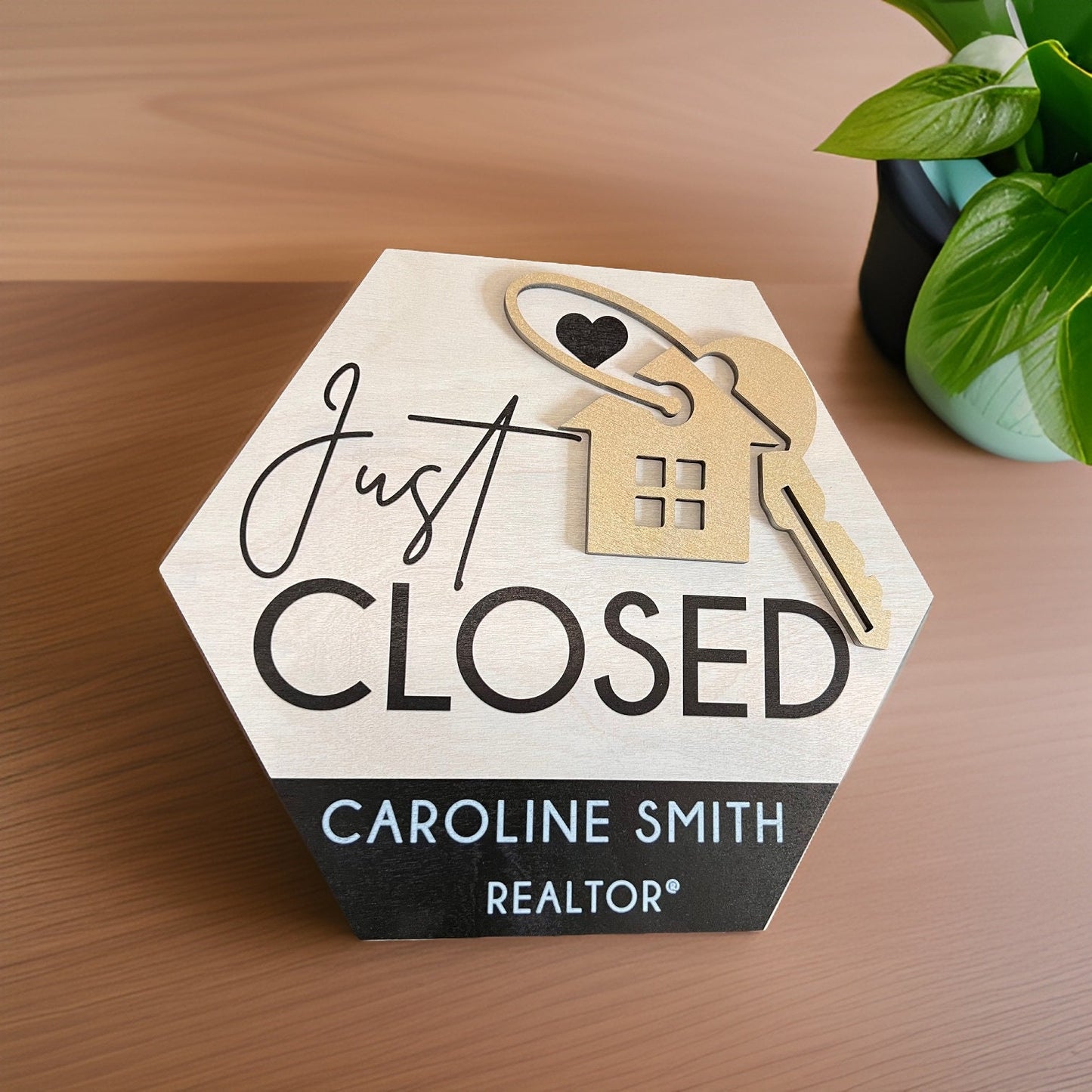 Just closed real estate sign with photo, real estate closing sign, hexagon real estate sign, wooden closing sign, real estate agent prop