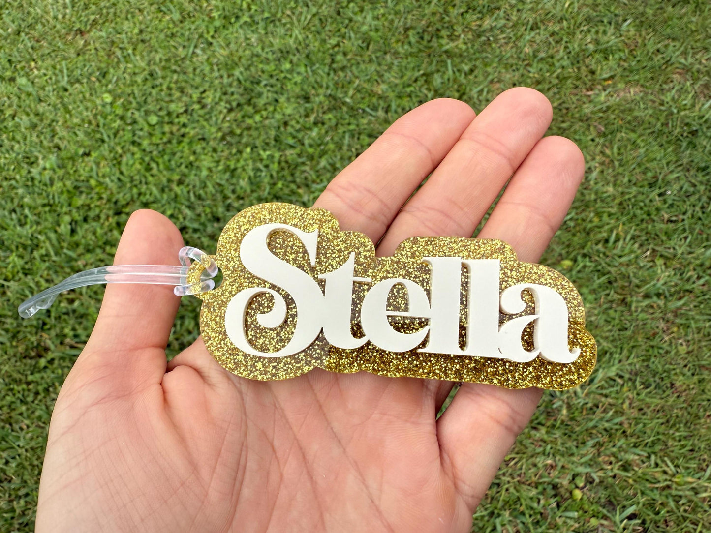 Custom Name Acrylic Bag Tag – White Name on Gold Glitter Background, 1–1.5” Tall x 5” Wide, Personalized Backpack Tag, Dance & Sports Bag Ac