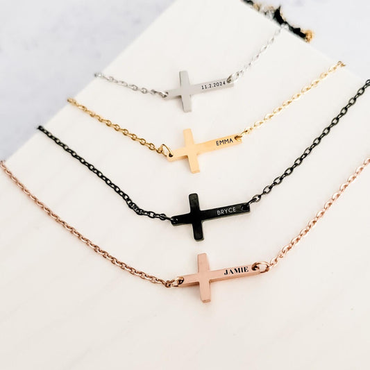 Tiny engraved horizontal cross necklace, personalized cross necklace, Christian jewelry, minimalist necklace