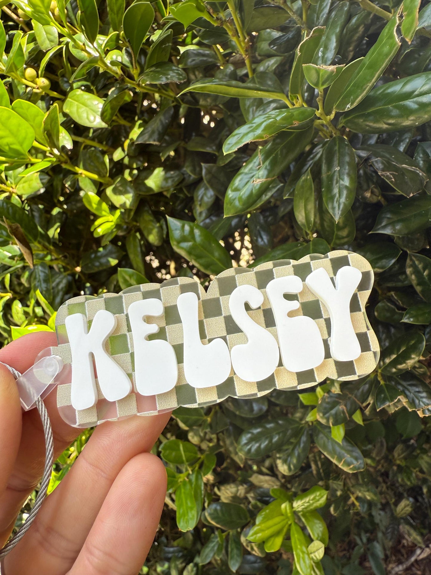 Retro name tag, retro bag tag, aesthetic name tag Custom Clear Checkered Acrylic Bag Tag – Personalized White Name Tag for Backpacks, bottle