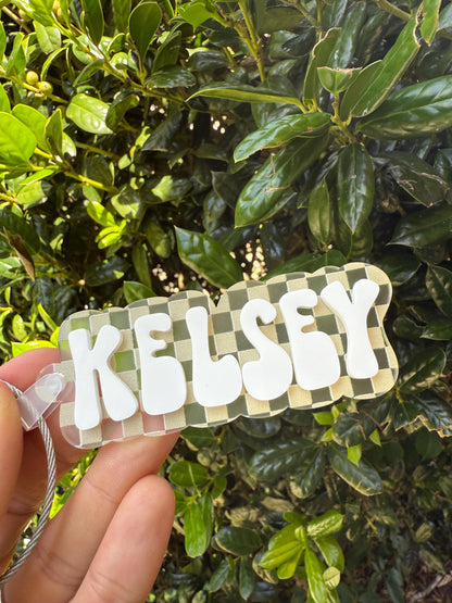 Retro name tag, retro bag tag, aesthetic name tag Custom Clear Checkered Acrylic Bag Tag – Personalized White Name Tag for Backpacks, bottle