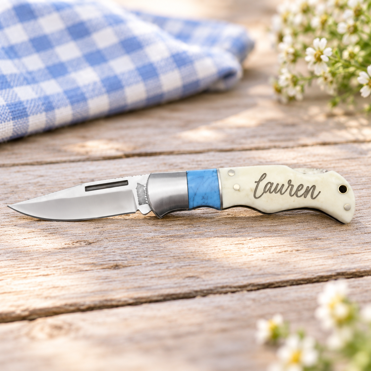 Personalized Blue and Bone Pocket Knife – Engraved Folding Knife – Custom Gift for Him, Groomsman or Outdoorsman