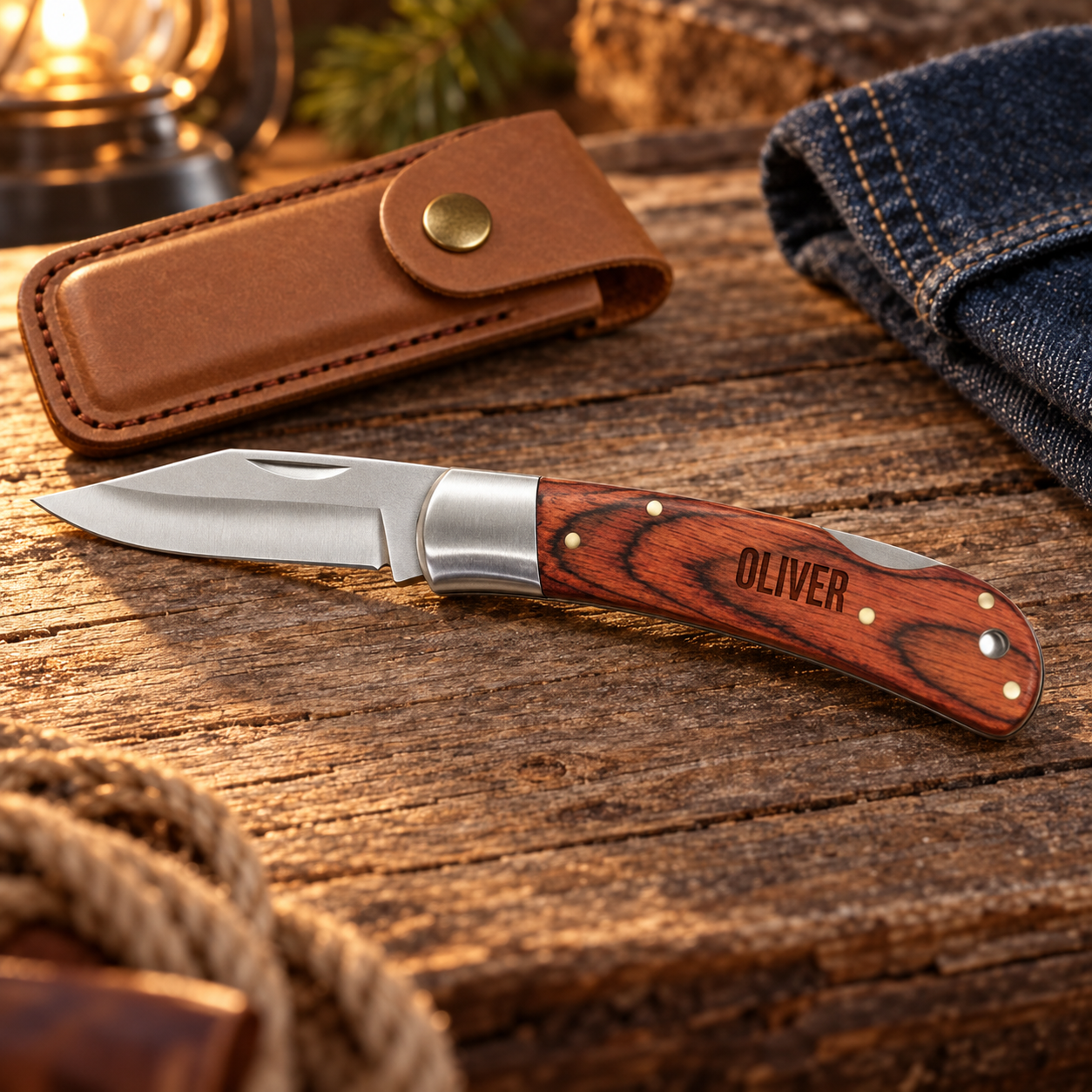 Personalized Wood Pocket Knife With Leather Sheath – Engraved Groomsman Knife – Custom Gift for Dad or Him – Bison River 4"
