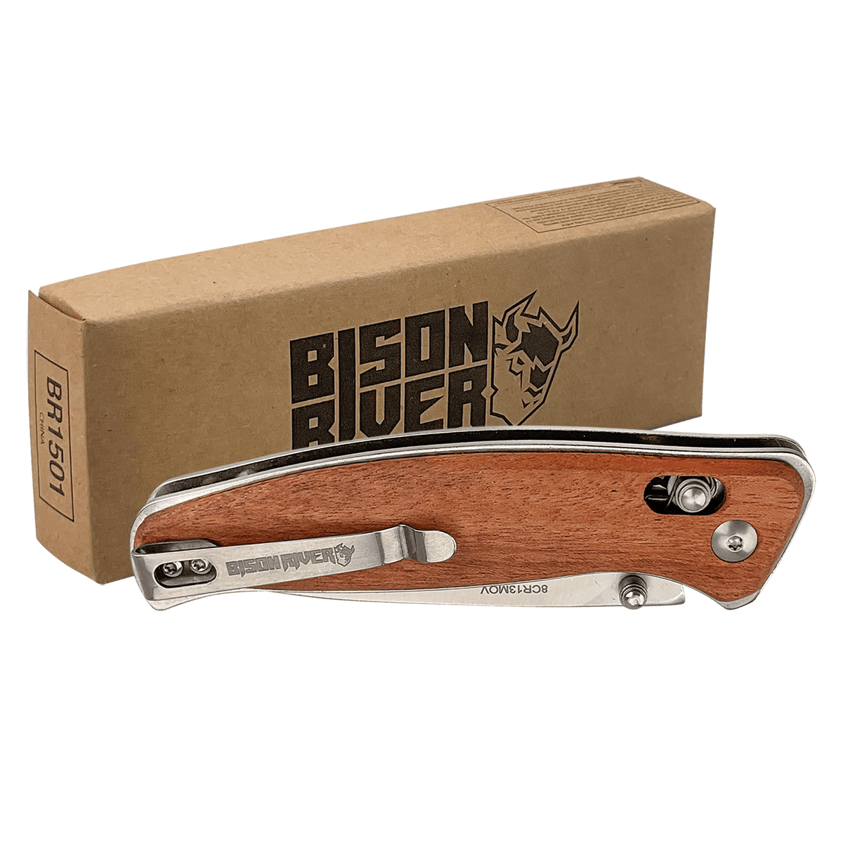 Personalized Wood Button Lock Pocket Knife – Engraved Folding Knife – Custom Groomsman, Dad or Husband Gift – Bison River 4.5"