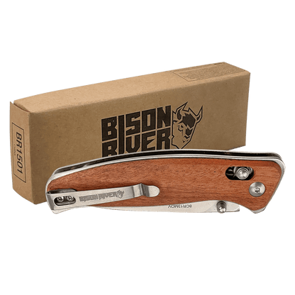 Personalized Wood Button Lock Pocket Knife – Engraved Folding Knife – Custom Groomsman, Dad or Husband Gift – Bison River 4.5"