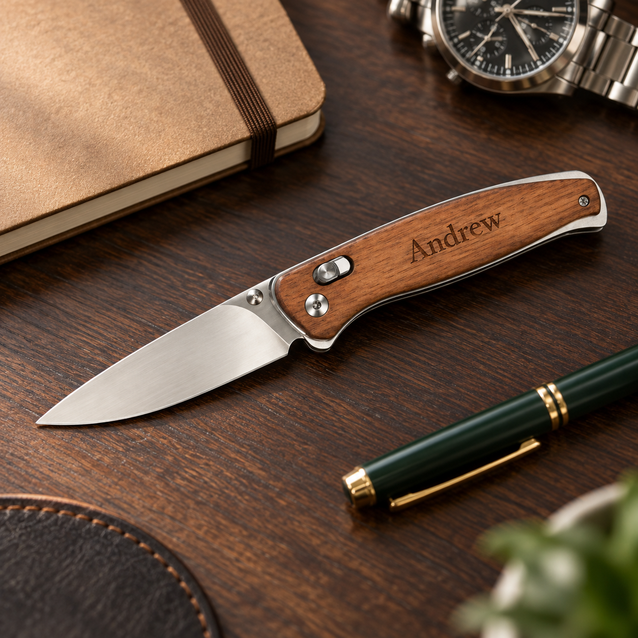 Personalized Wood Button Lock Pocket Knife – Engraved Folding Knife – Custom Groomsman, Dad or Husband Gift – Bison River 4.5"