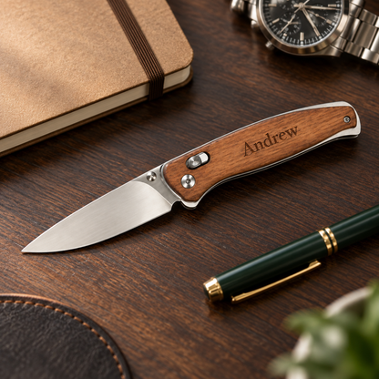 Personalized Wood Button Lock Pocket Knife – Engraved Folding Knife – Custom Groomsman, Dad or Husband Gift – Bison River 4.5"