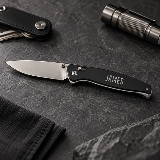 Personalized Black Pocket Knife With Clip – Engraved Button Lock Folding Knife – Custom Gift for Him, Dad or Groomsman