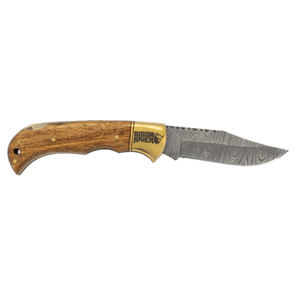 Personalized Damascus Pocket Knife With Leather Sheath – Engraved Wood Folding Knife – Groomsman or Outdoorsman Gift
