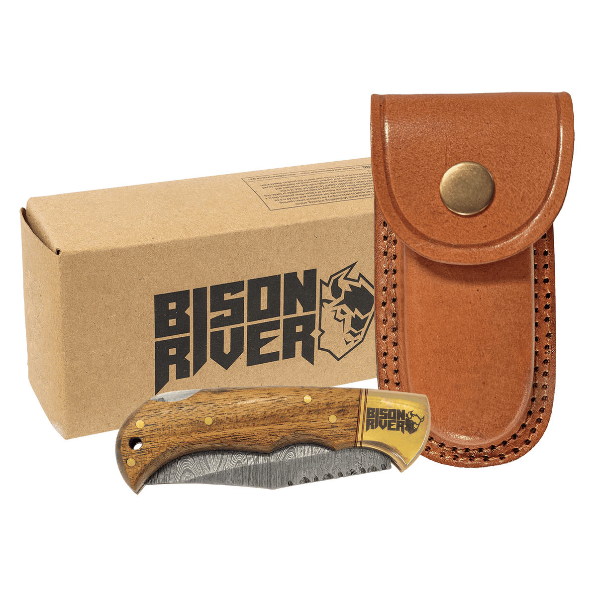 Personalized Damascus Pocket Knife With Leather Sheath – Engraved Wood Folding Knife – Groomsman or Outdoorsman Gift