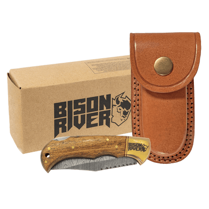 Personalized Damascus Pocket Knife With Leather Sheath – Engraved Wood Folding Knife – Groomsman or Outdoorsman Gift