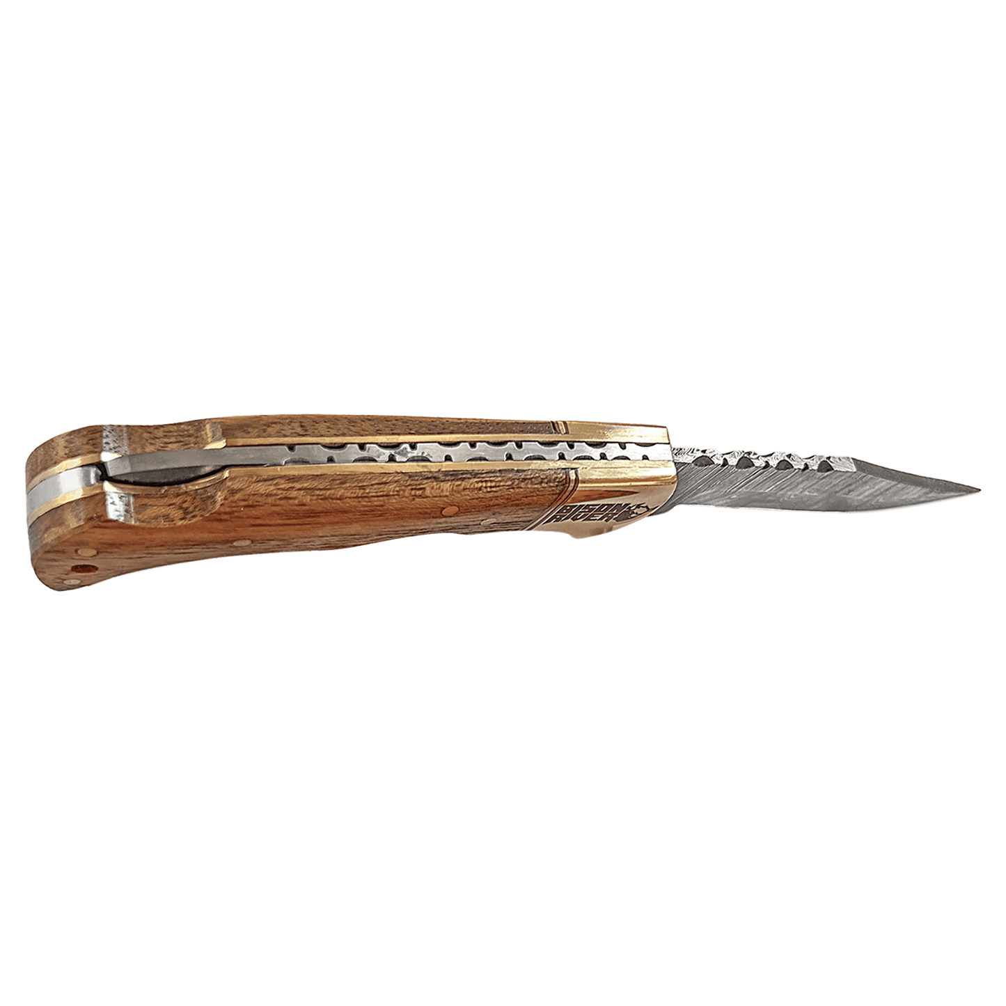 Personalized Damascus Pocket Knife With Leather Sheath – Engraved Wood Folding Knife – Groomsman or Outdoorsman Gift