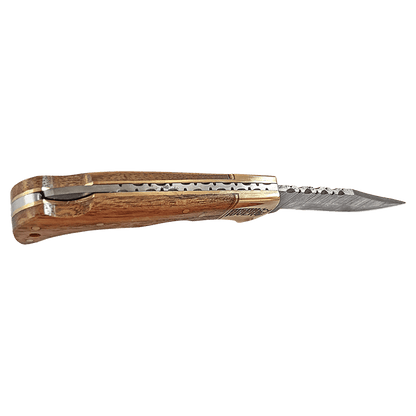 Personalized Damascus Pocket Knife With Leather Sheath – Engraved Wood Folding Knife – Groomsman or Outdoorsman Gift
