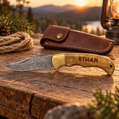 Personalized Damascus Pocket Knife With Leather Sheath – Engraved Wood Folding Knife – Groomsman or Outdoorsman Gift