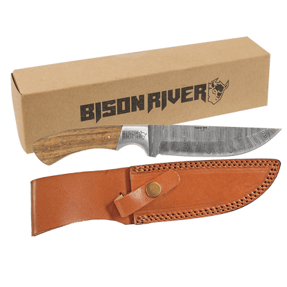 Personalized Damascus Fixed Blade Knife With Leather Sheath – Engraved Wood Hunting Knife – Outdoorsman Gift for Him