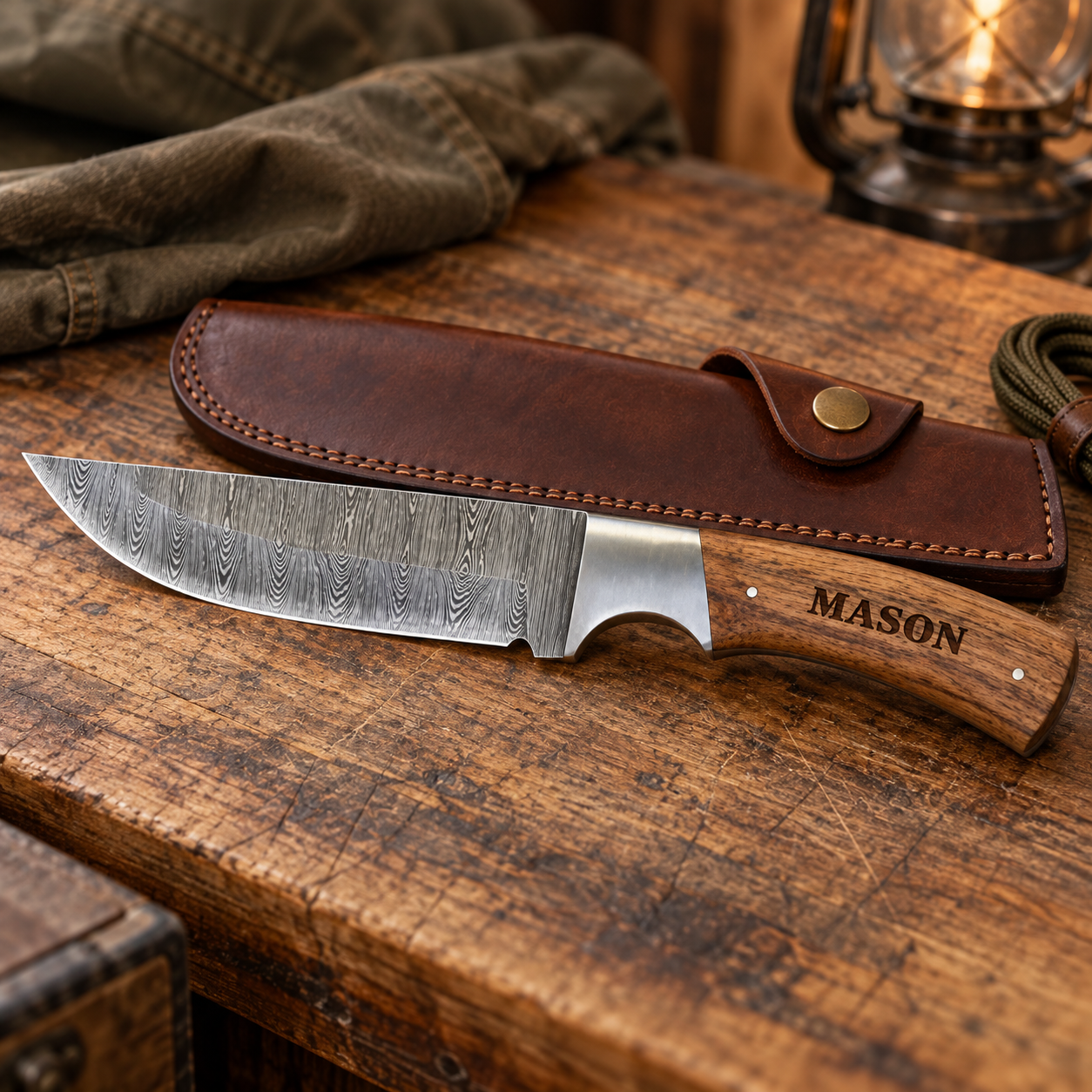 Personalized Damascus Fixed Blade Knife With Leather Sheath – Engraved Wood Hunting Knife – Outdoorsman Gift for Him