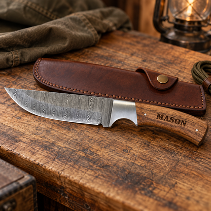 Personalized Damascus Fixed Blade Knife With Leather Sheath – Engraved Wood Hunting Knife – Outdoorsman Gift for Him