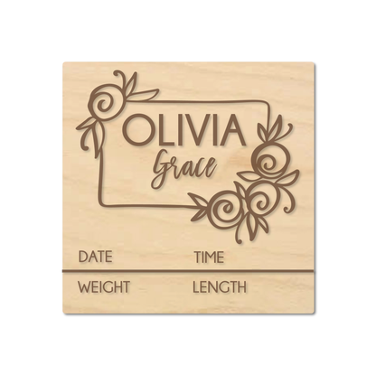 Newborn baby name announcement birth details sign with roses