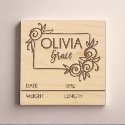 Newborn baby name announcement birth details sign with roses