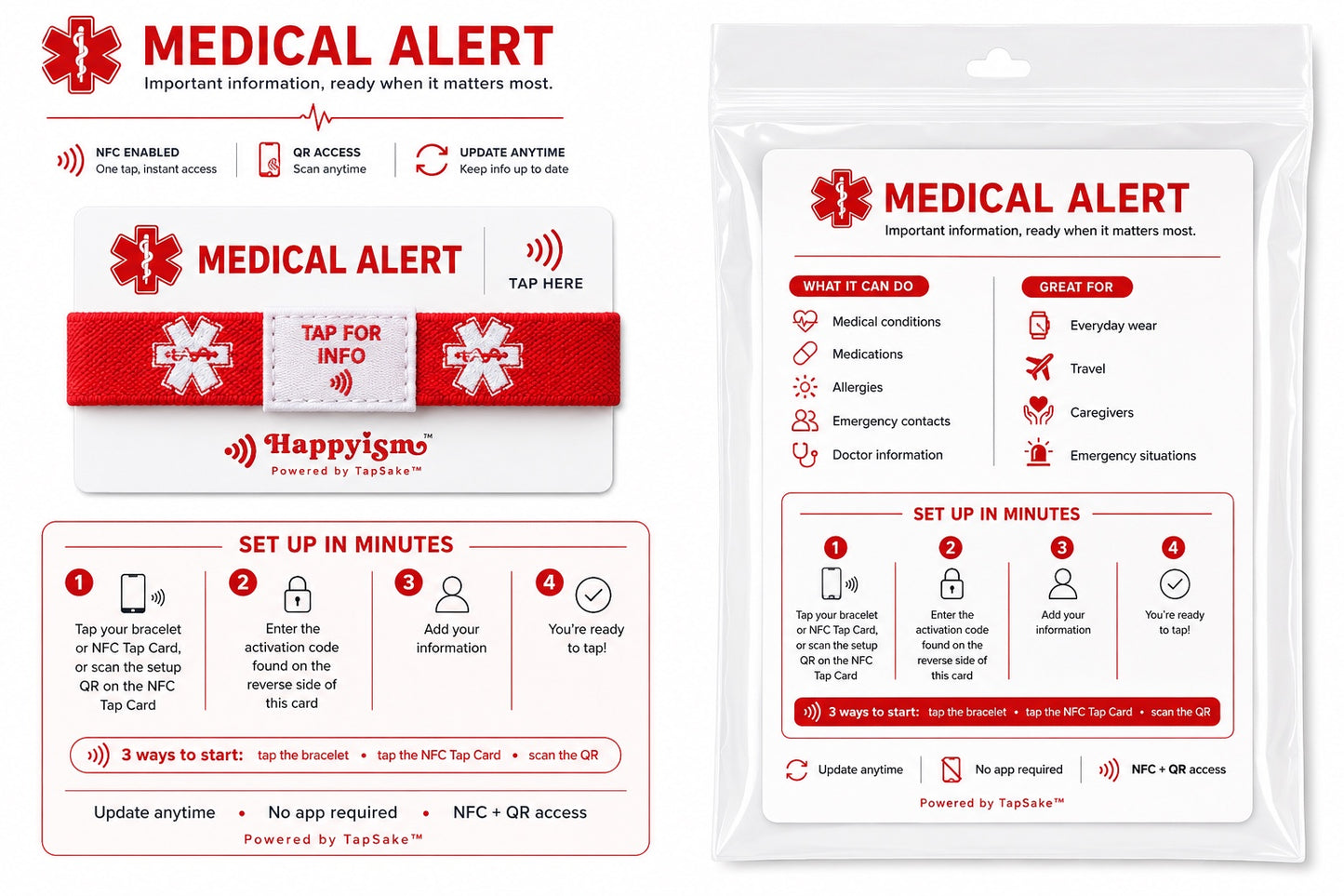 Happyism® Medical Alert Smart Bracelet + NFC Tap Card | Tap-to-View Medical Information Wristband
