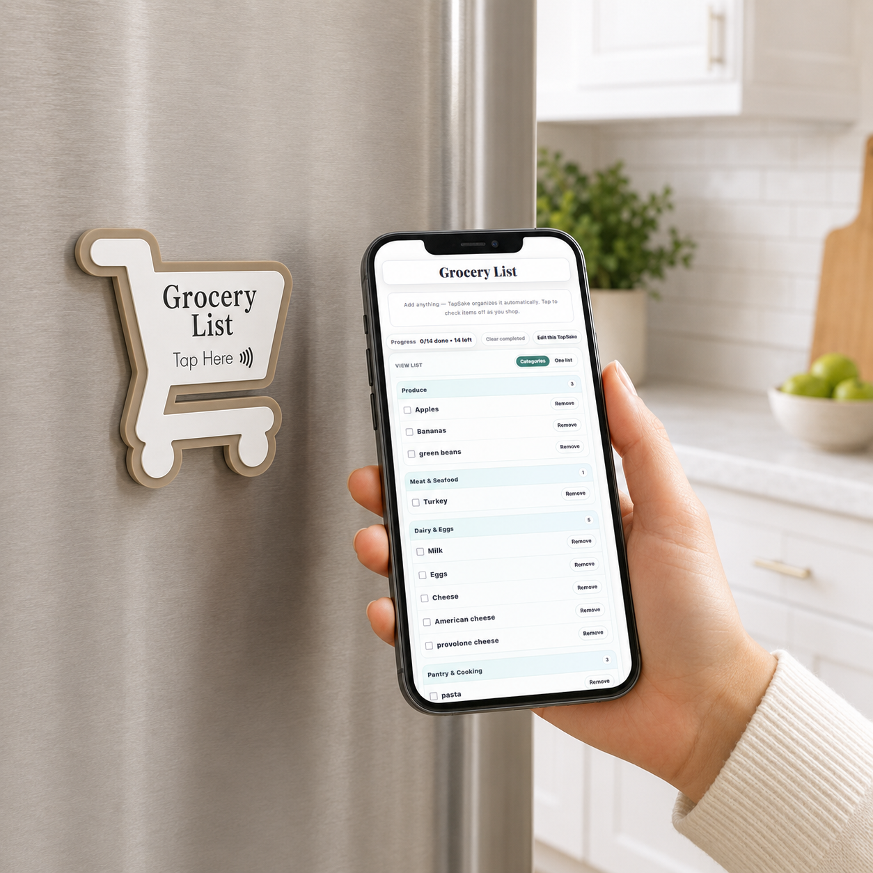 TapSake™ Smart Grocery List Magnet – Automatically Organized Digital Shopping List