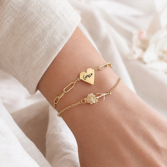 Gold Paperclip heart bracelet and birth flower bracelet combo, stacking bracelets, paperclip jewelry, wildflower, engraved name bracelet