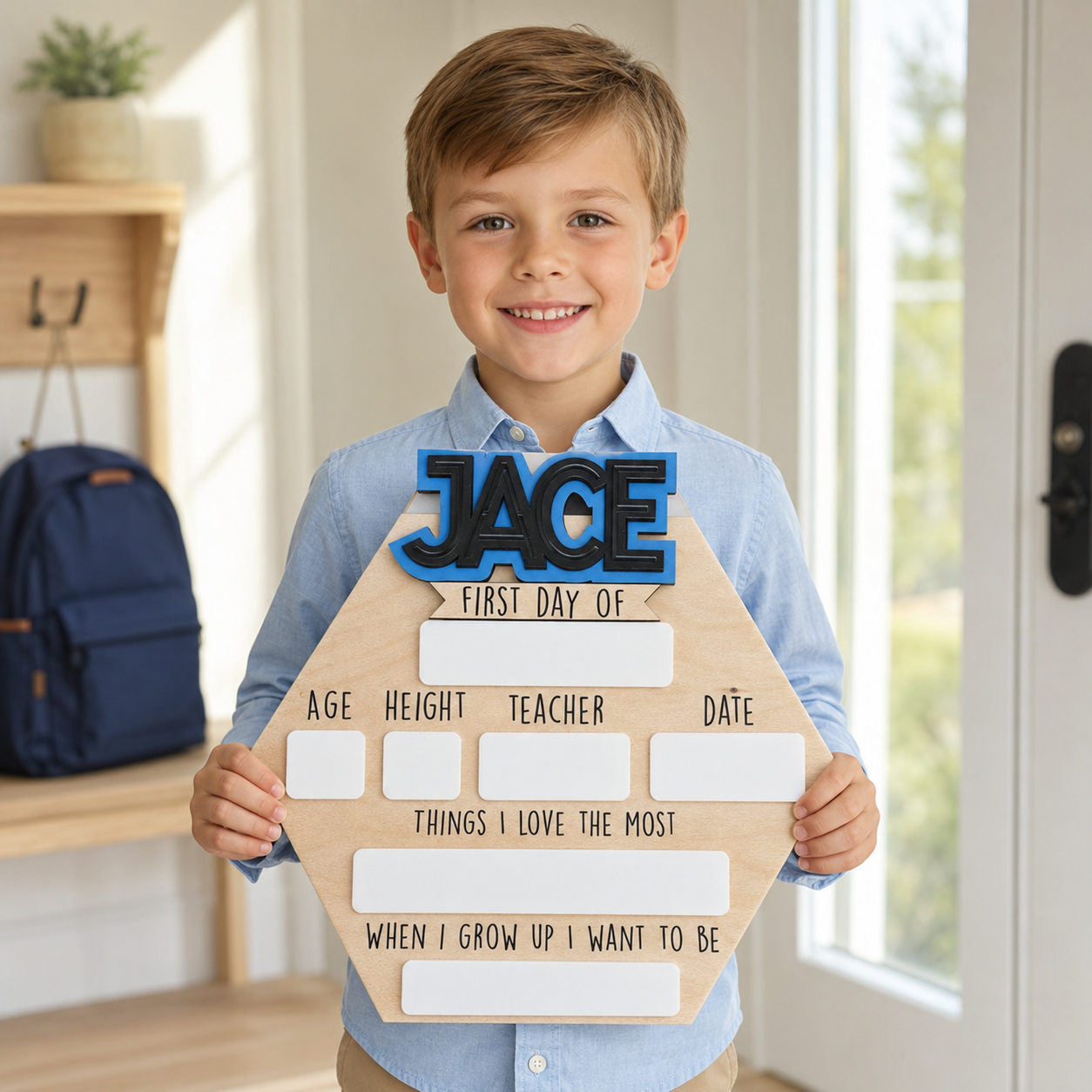 Personalized back to school hexagon sign, interchangeable names, first and last day of school, boy sign