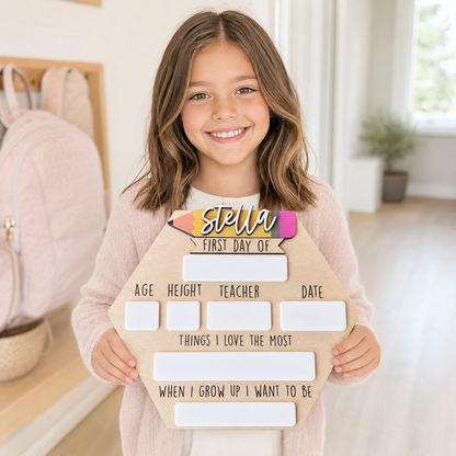 Personalized back to school hexagon sign with name on pencil, interchangeable names, first and last day of school