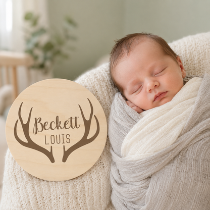 Engraved Wood Newborn Name Sign - Antlers