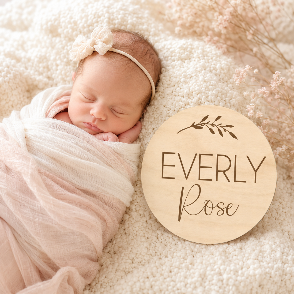 Engraved Wood Newborn Name Sign - Leafy