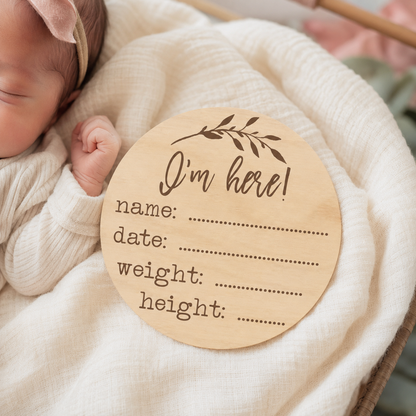"I'm here!" Newborn announcement birth details engraved sign - multiple size options