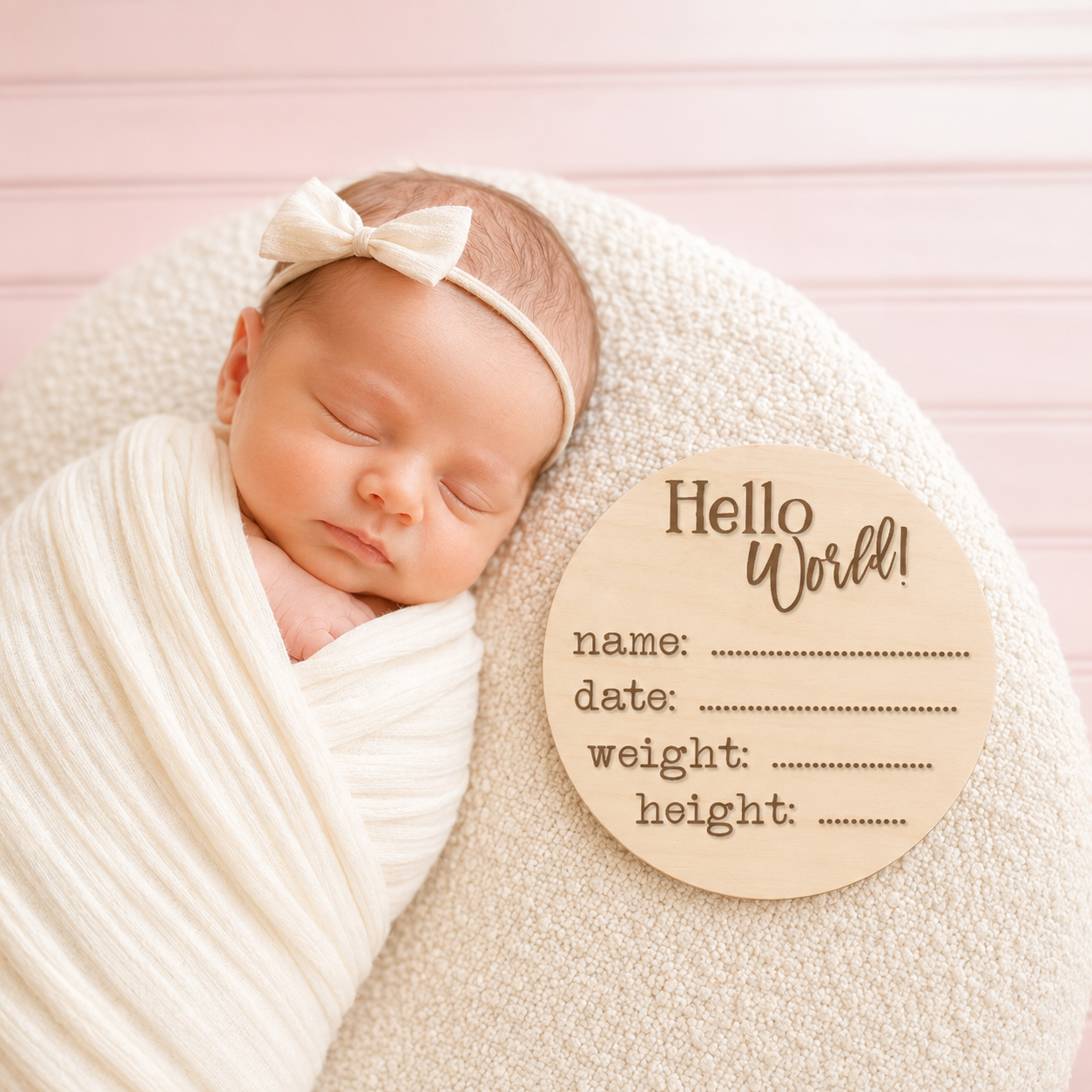 "Hello World" Newborn announcement birth details engraved sign