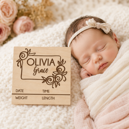 Newborn baby name announcement birth details sign with roses